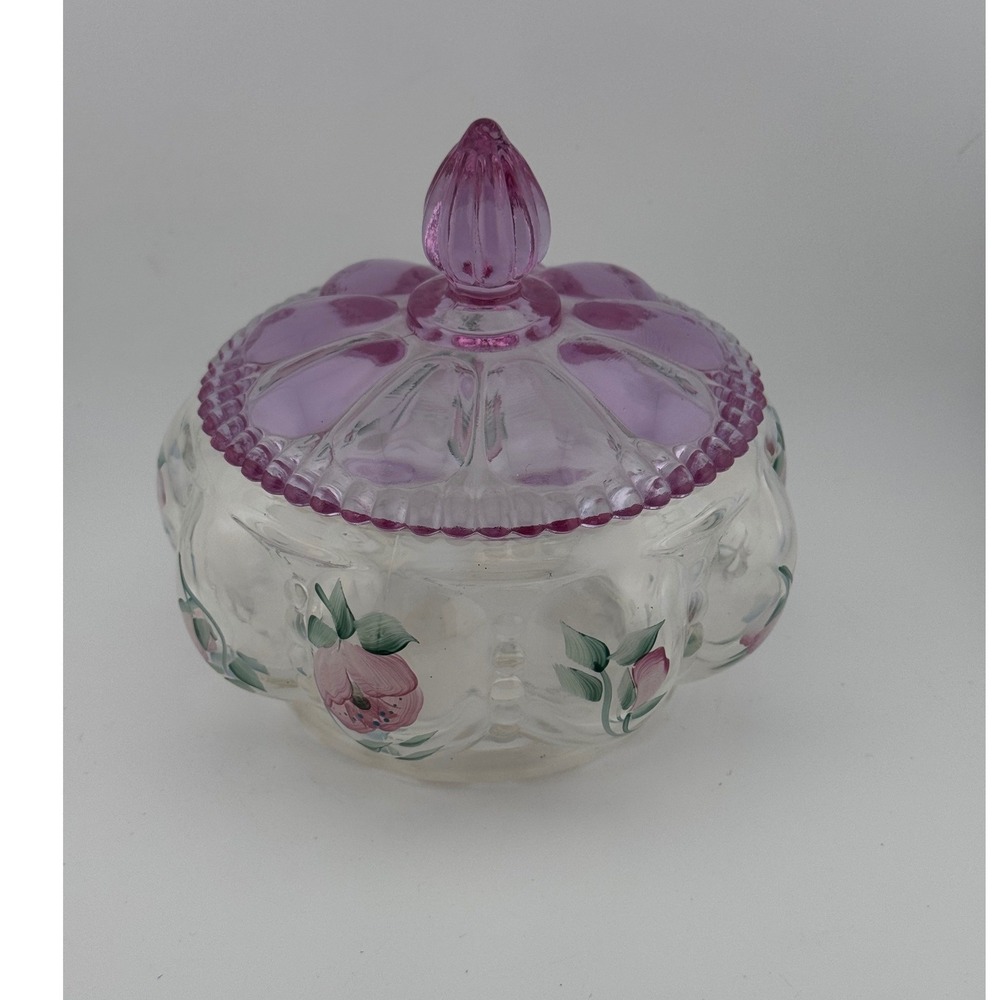 Vintage Fenton Trellis Melon Hand Painted Candy‎ Trinket Dish with Lid